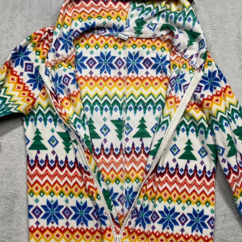 Old Navy One Piece Pajamas Unisex Kids M 8 White Rainbow Fair Isle Holiday Zip